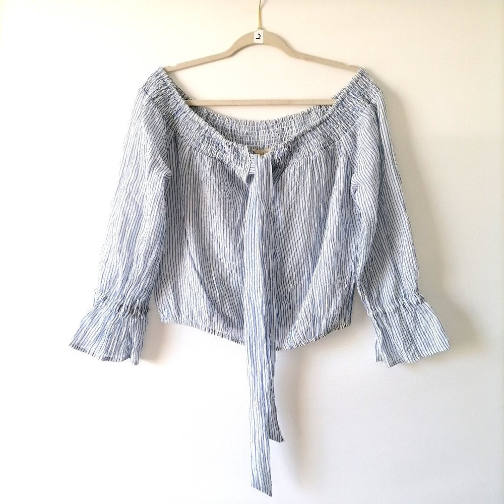 Hem & Thread Womens Blue & White Off The Shoulder Striped Blouse Top Size M